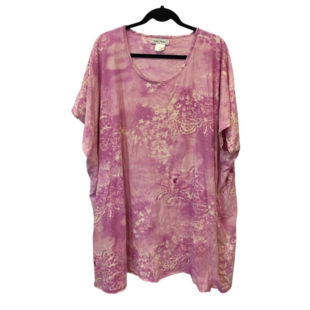 Ulla Popken Tie Dye Shirt Dress Womens Size 16/18 Pink Floral Stars Short Sleeve